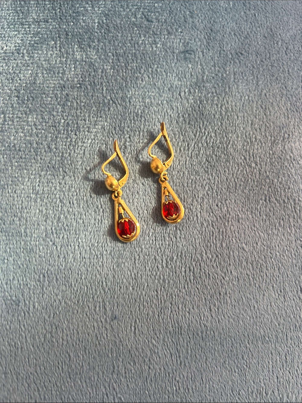 Gold Teardrop Earrings with Red Gemstone their  stamped  18 gold